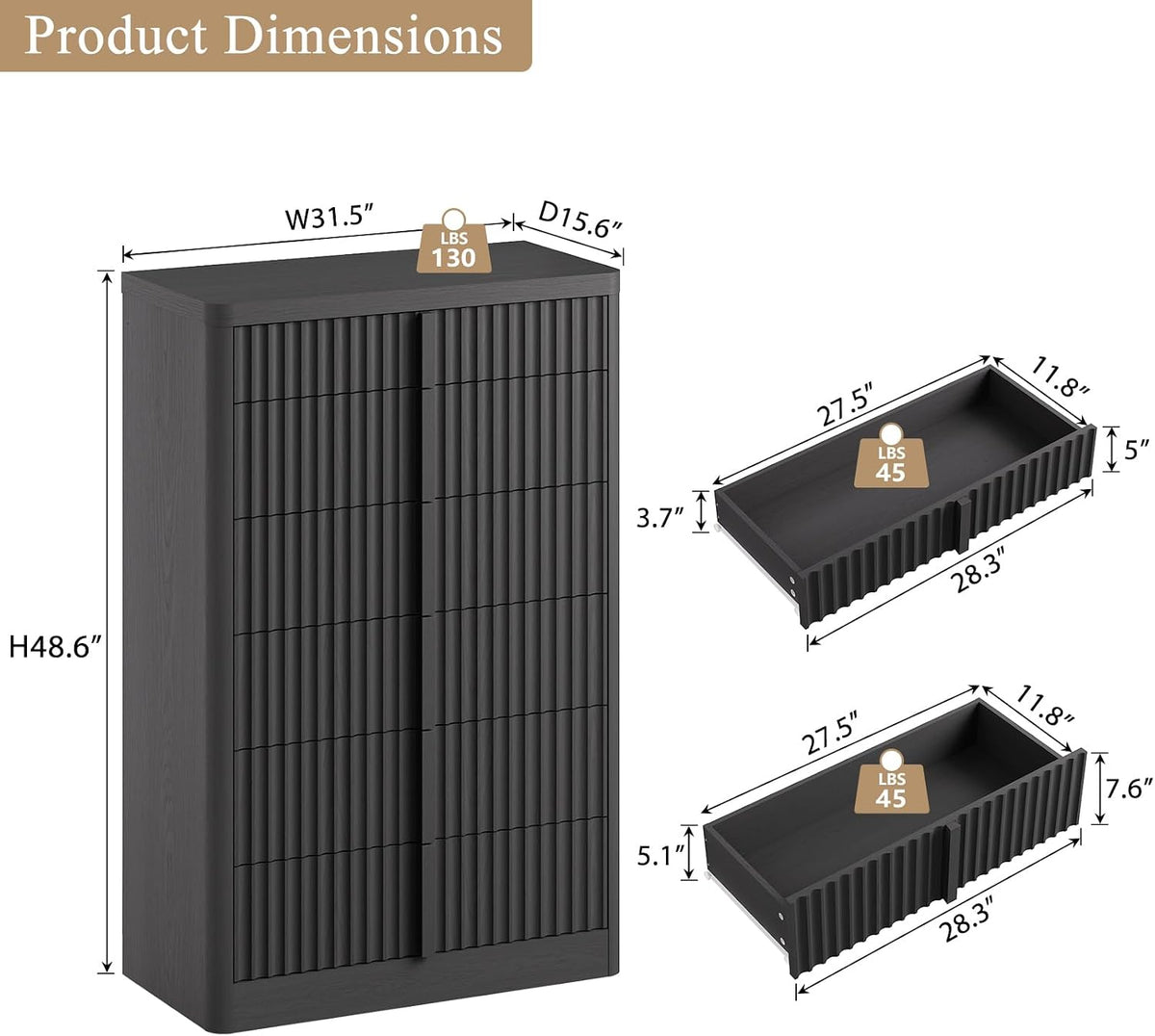 Fluted Dresser for Bedroom, 48" Tall 6 Drawer Dresser, Modern Chest of