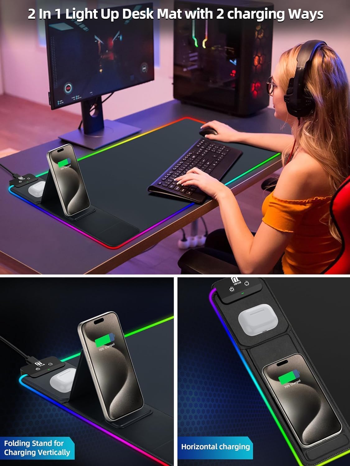 XXL Mouse Pad with Phone Holder - Black, RGB Desk Mat with 15W Fast