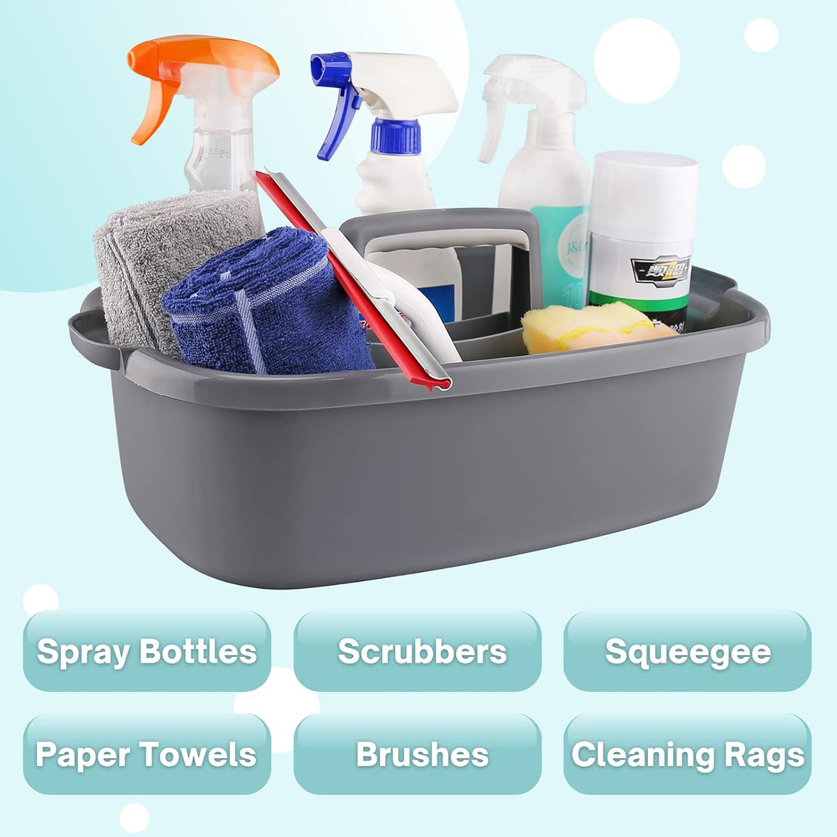 Cleaning Caddy Organizer with Handle, Gray Plastic Bucket for Cleaning