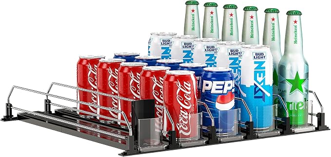 Soda Can Dispenser, Self-Pushing Drink Organizer, Width Adjustable Fridge by Feverdes