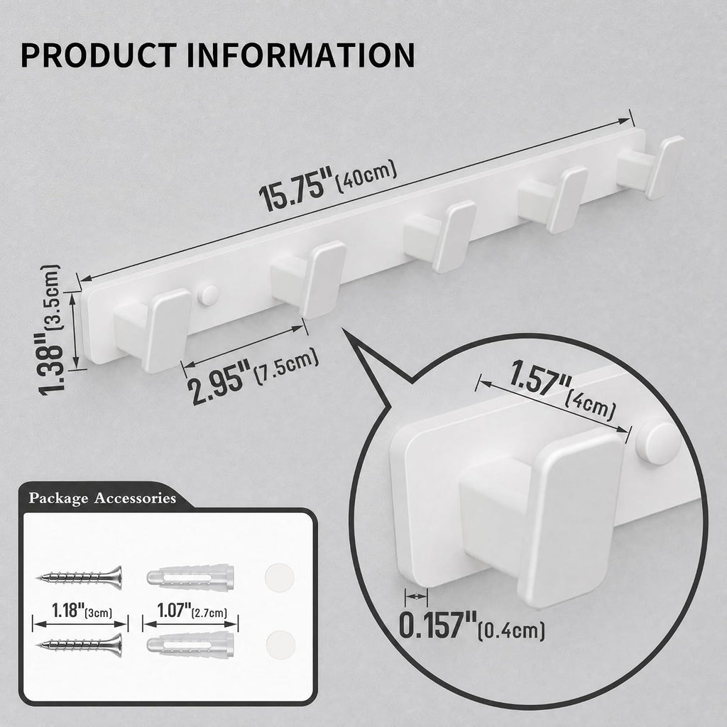 White Coat Rack Wall Hooks for Hanging Heavy Duty Door Hooks with 5