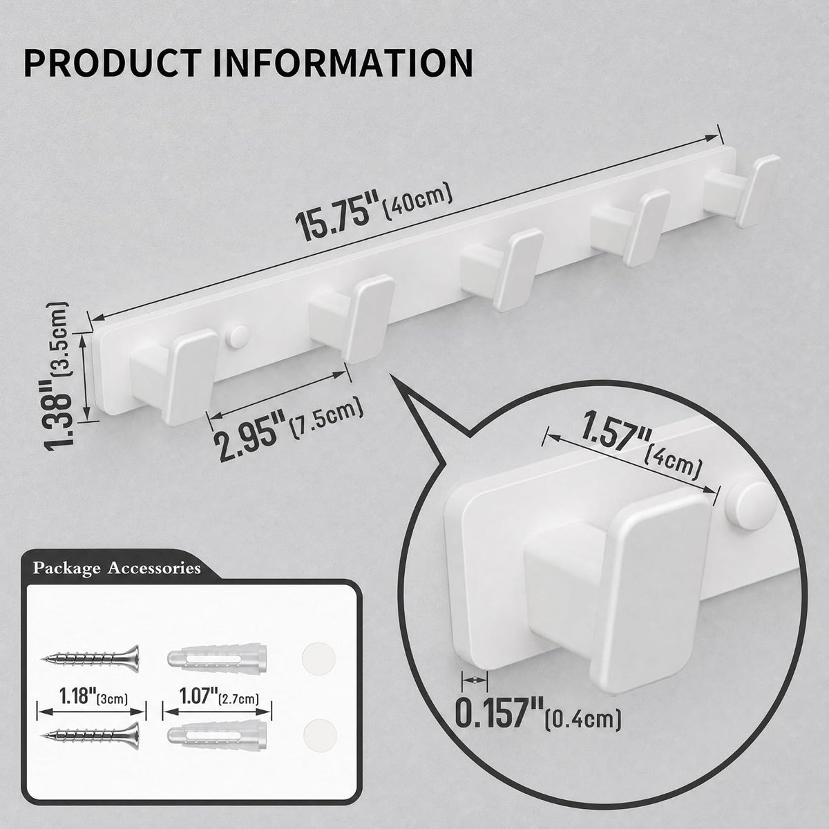 White Coat Rack Wall Hooks for Hanging Heavy Duty Door Hooks with 5