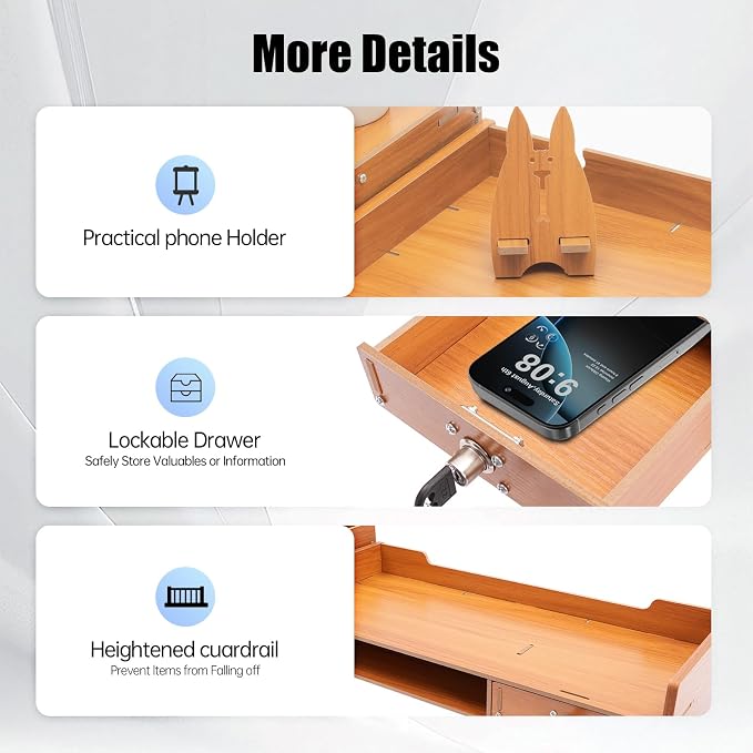 Wood Monitor Stand Riser with 3 Drawers & Lockable Storage – Desktop Organizer - Image 3