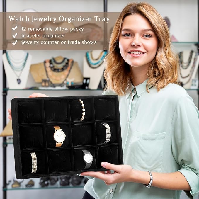 Henoyso 2 Pieces 12 Grid Velvet Watch Tray Jewelry Organizer Stackable Watch - Image 4