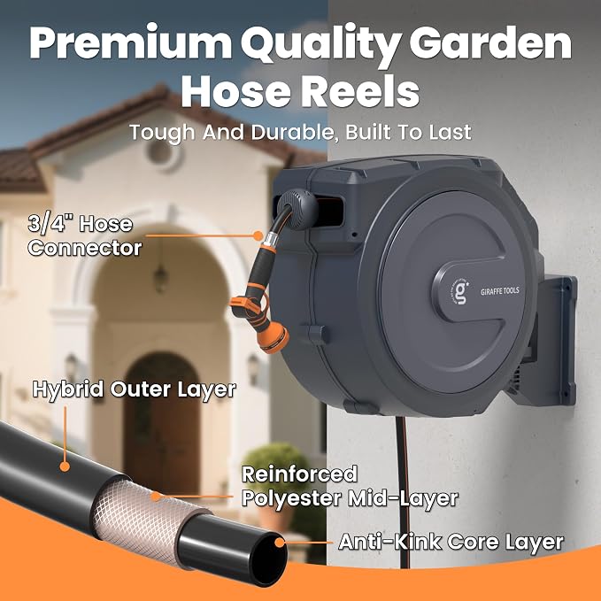 Giraffe Tools AW30 Wall Mounted 1/2" x 100 ft Garden Hose Reel, Retractable - Image 6