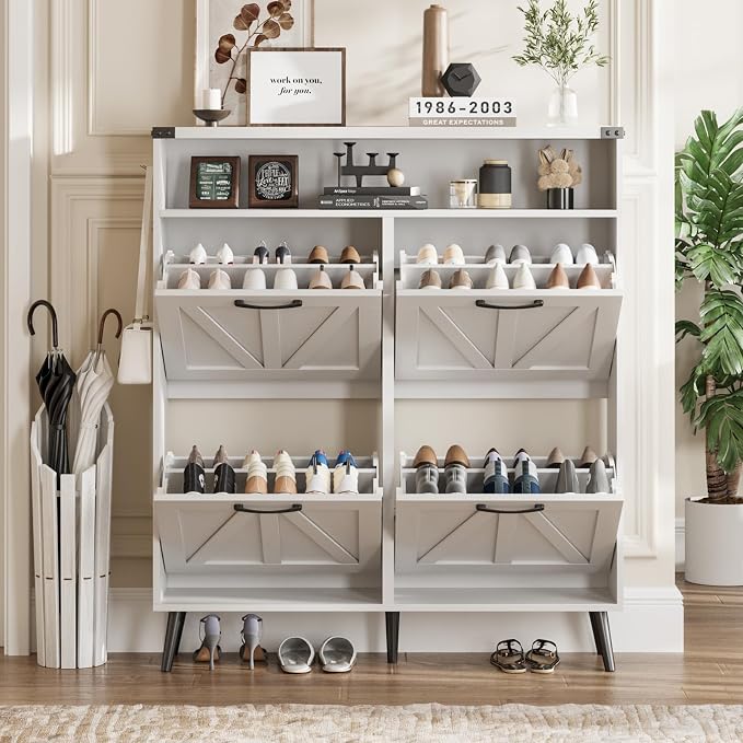 Shoe Cabinet with 4 Flip Drawers, Farmhouse Shoe Storage Cabinet - Image 7