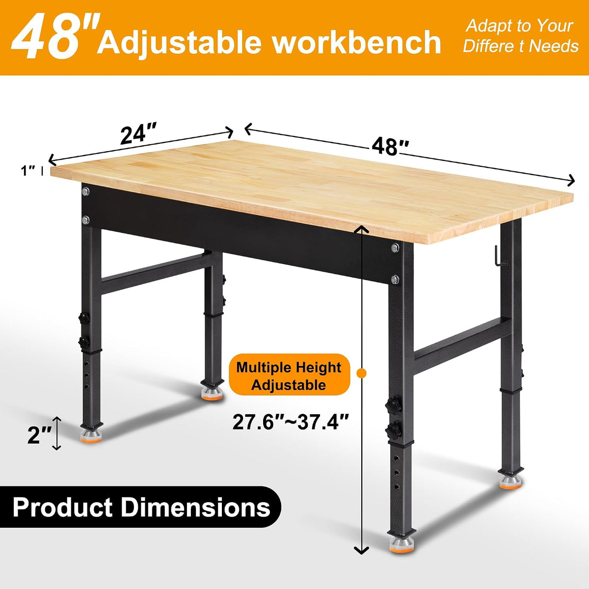 48" Adjustable Work Bench, Rubber Wood Top Workbench