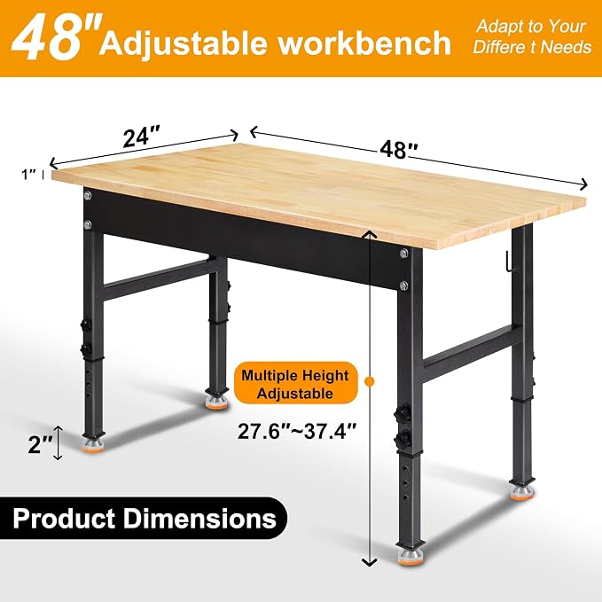 48" Adjustable Work Bench, Rubber Wood Top Workbench Heavy-Duty Work Table - Image 4