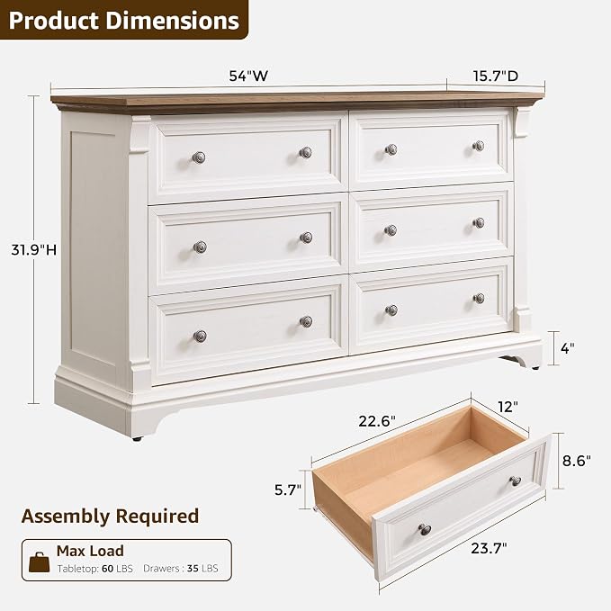 Farmhouse 6 Drawers Dresser for Bedroom, Wooden Dresser TV Stand - Image 2