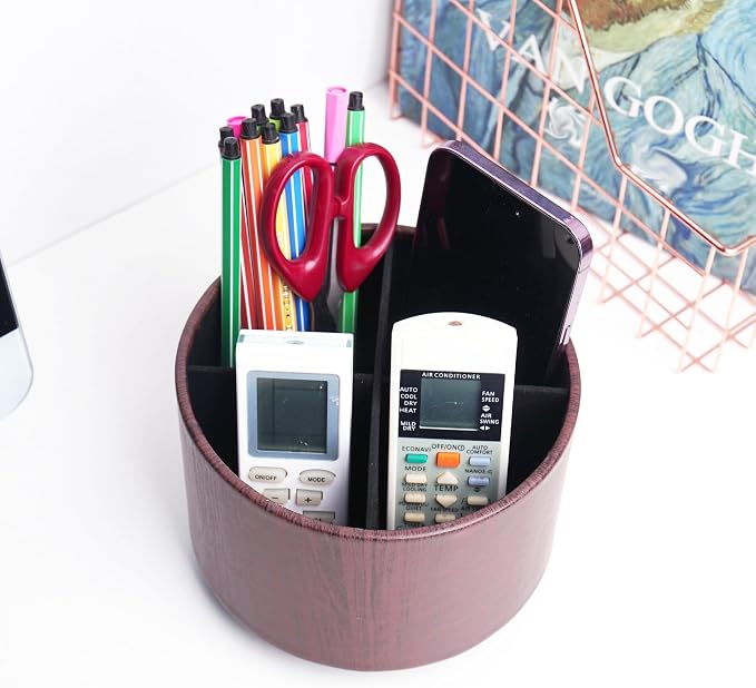 Round Leather Art Supply Organizer, Remote Control Holder, 360 Degree Spinning - Image 6