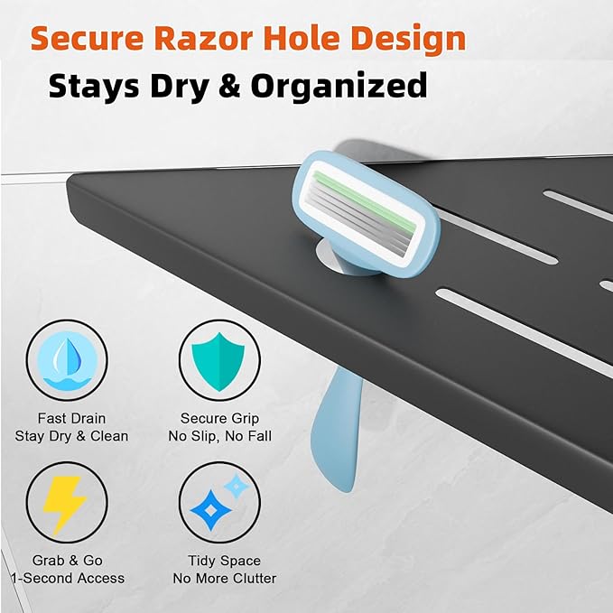 Corner Shower Shelf with Razor Hole, Modern Sturdy Shower Caddy, No Drilling - Image 3