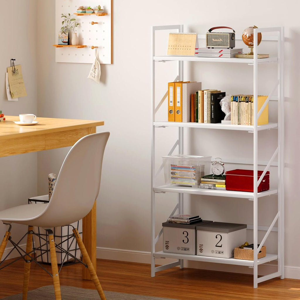 JSB No Assembly Folding Bookshelf, 4 Tier Industrial Metal Book Shelf