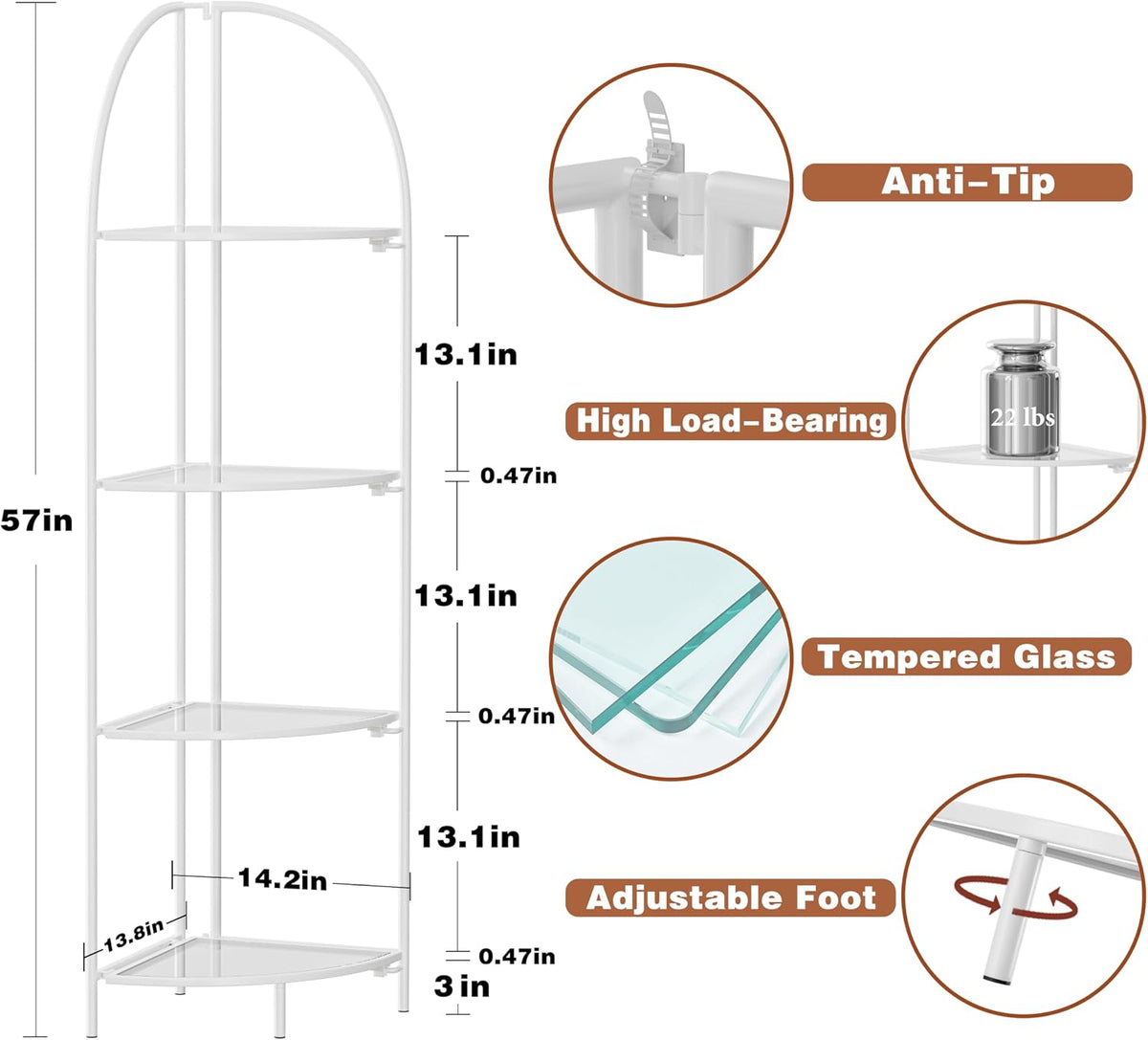4-Tier Foldable Corner Shelf, Metal White Frame & Transparent Shelves