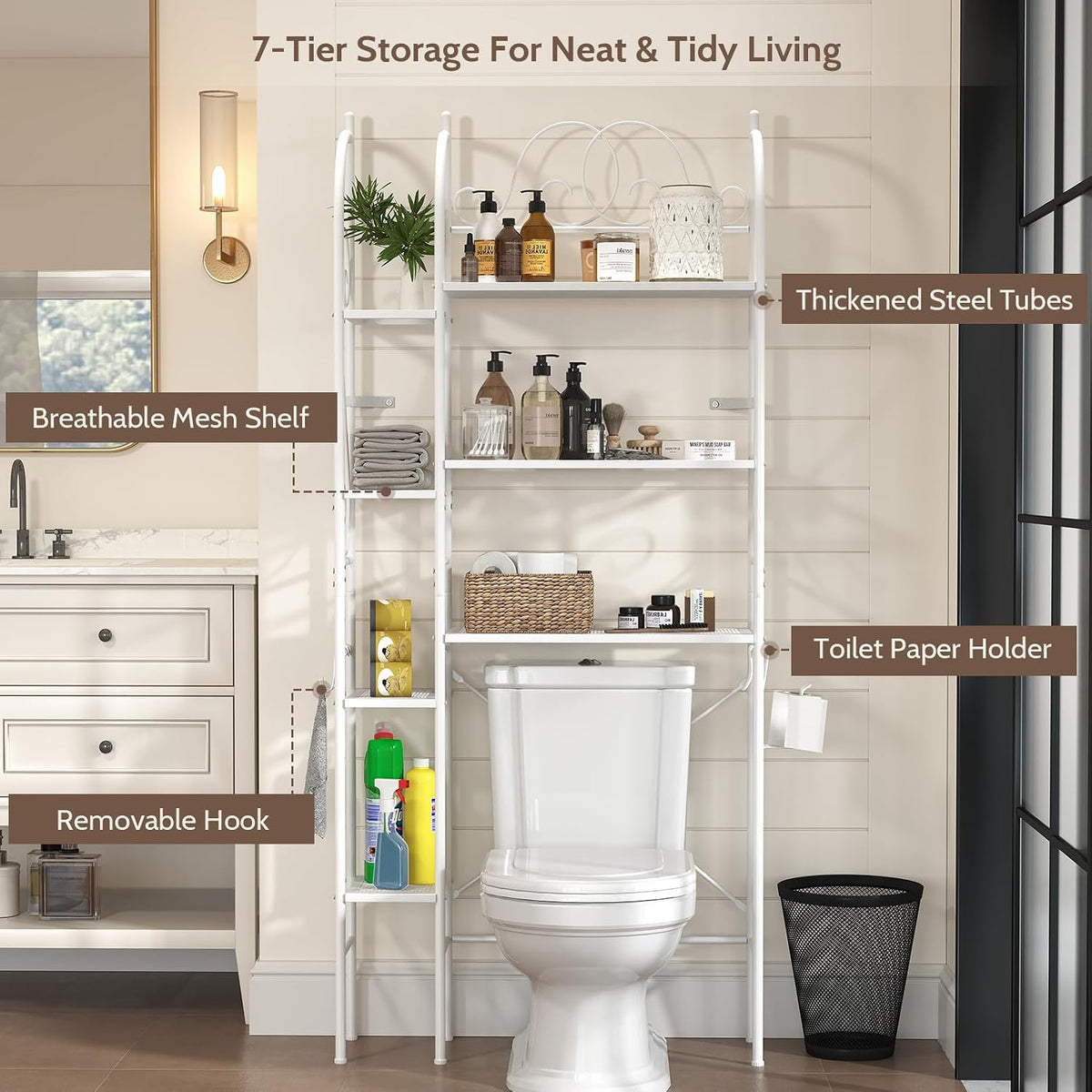 7-Tier Over the Toilet Storage Rack, Heavy-Duty Metal Bathroom