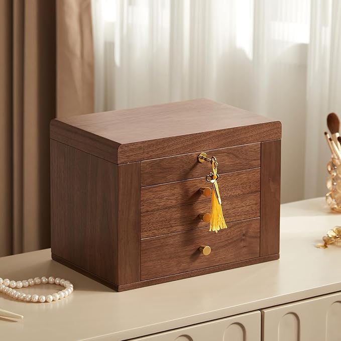 CHOSIN Black Walnut Wooden Jewelry Box, 4-Layer Lockable Wood Jewelry Organizer - Image 2