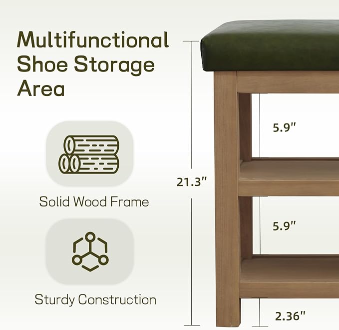 Shoe Rack Bench with Leather Cushion, 2 Tier Solid Wood Storage Bench, - Image 5