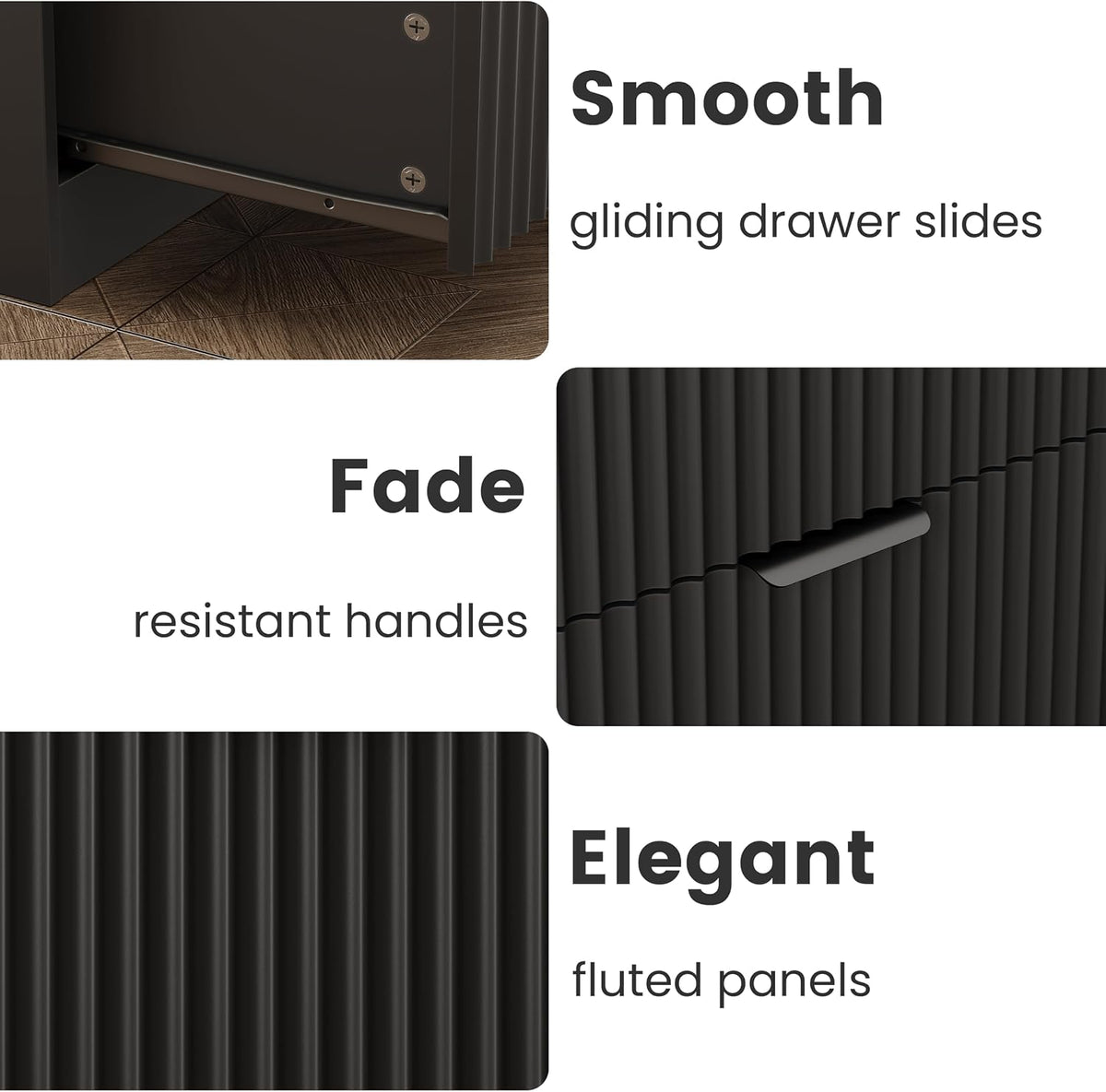 Fluted Nightstand with Charging Station & LED Lights, Fluted Wood