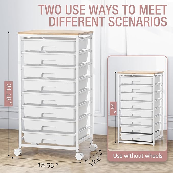 Storage Cart with 8 Drawers, Utility Cart with White Drawers and Wooden Tabletop - Image 3