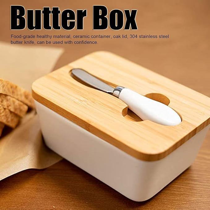 Butter Dish with Wooden Lid, Ceramic Sealed Butter Box Keeper Container Food - Image 2