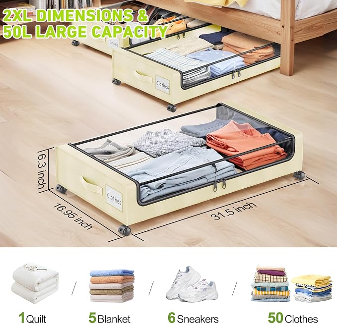 Under Bed Storage with Wheels, Under Bed Shoe Storage Organizer, Rolling Under - Image 2