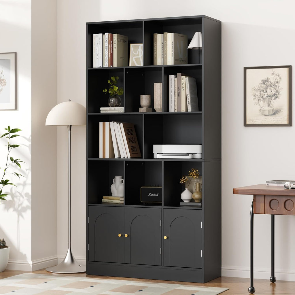 71" Tall Bookshelf with 10 Cubes and 3 Doors, 4-Tier Bookshelf, Open