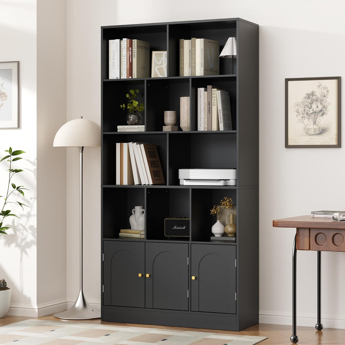 71" Tall Bookshelf with 10 Cubes and 3 Doors, 4-Tier Bookshelf, Open