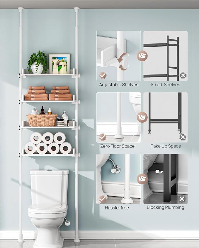 ALLZONE 4 Tier Over The Toilet Storage, Adjustable Wood Over Toilet Bathroom - Image 3