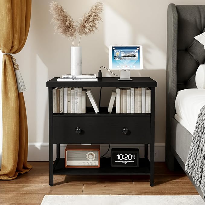 27 Inch Wide Night Stand with Charging Station, Wood Nightstand with Open Shelf - Image 8