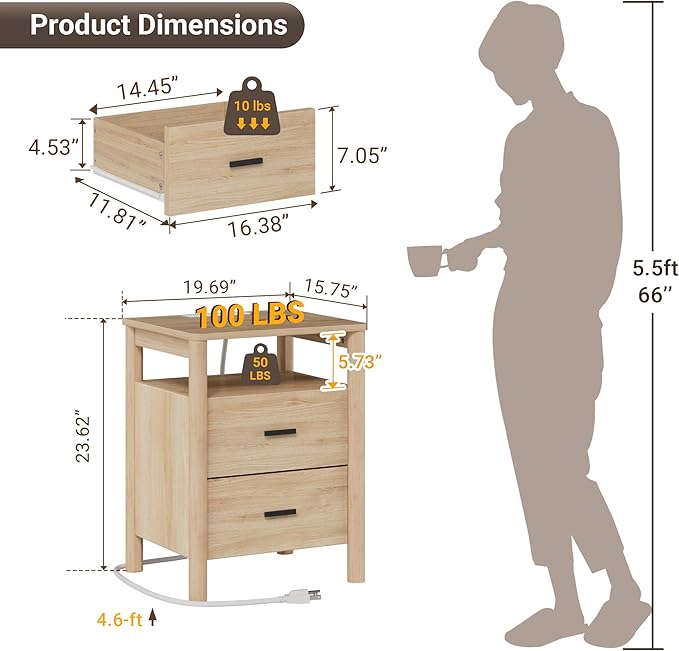 Night Stand Set of 2 with Charging Station, 2 Drawers End Table with Open Shelf - Image 2