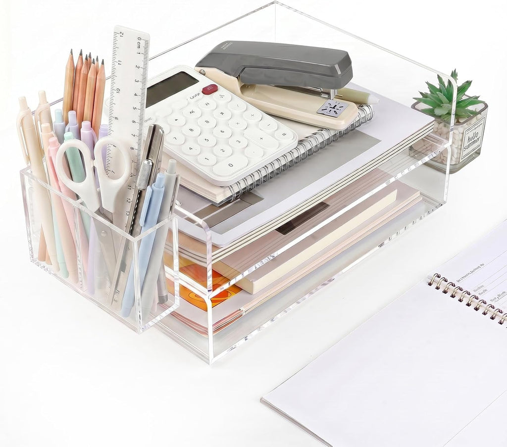 Acrylic Paper Tray Organizer for Desk, 2 Pack Clear with Pen Holder