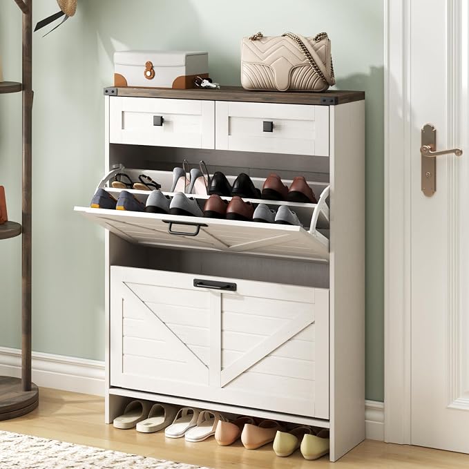 Shoe Cabinet with 2 Flip Drawers & 2 Drawers, Farmhouse Shoe Storage Cabinet by Halitaa