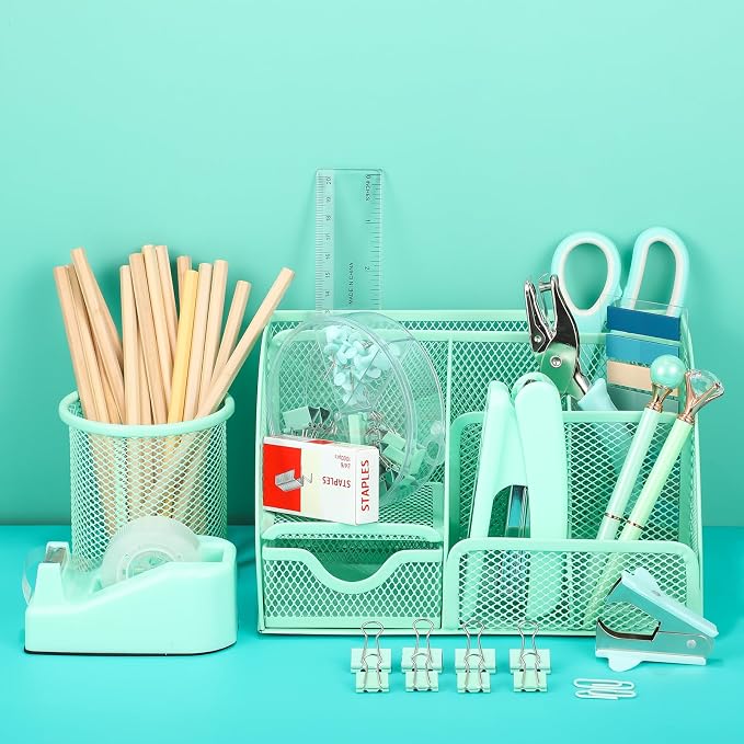 Green Desk Organizers and Accessories, Teal Office Supplies Set Green Mesh Desk - Image 6
