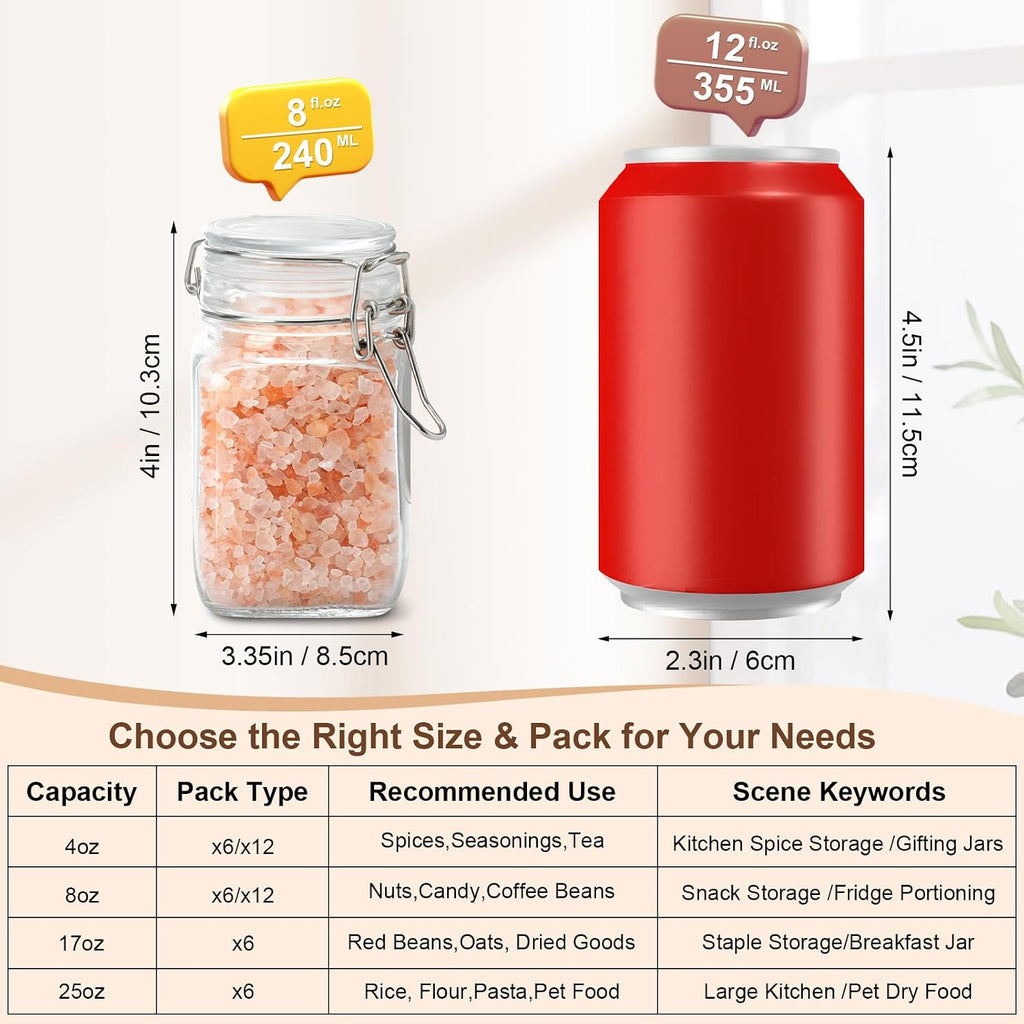 Spice Jars 8 oz Glass Jars with Airtight Lids, Set of 12 Small Glass