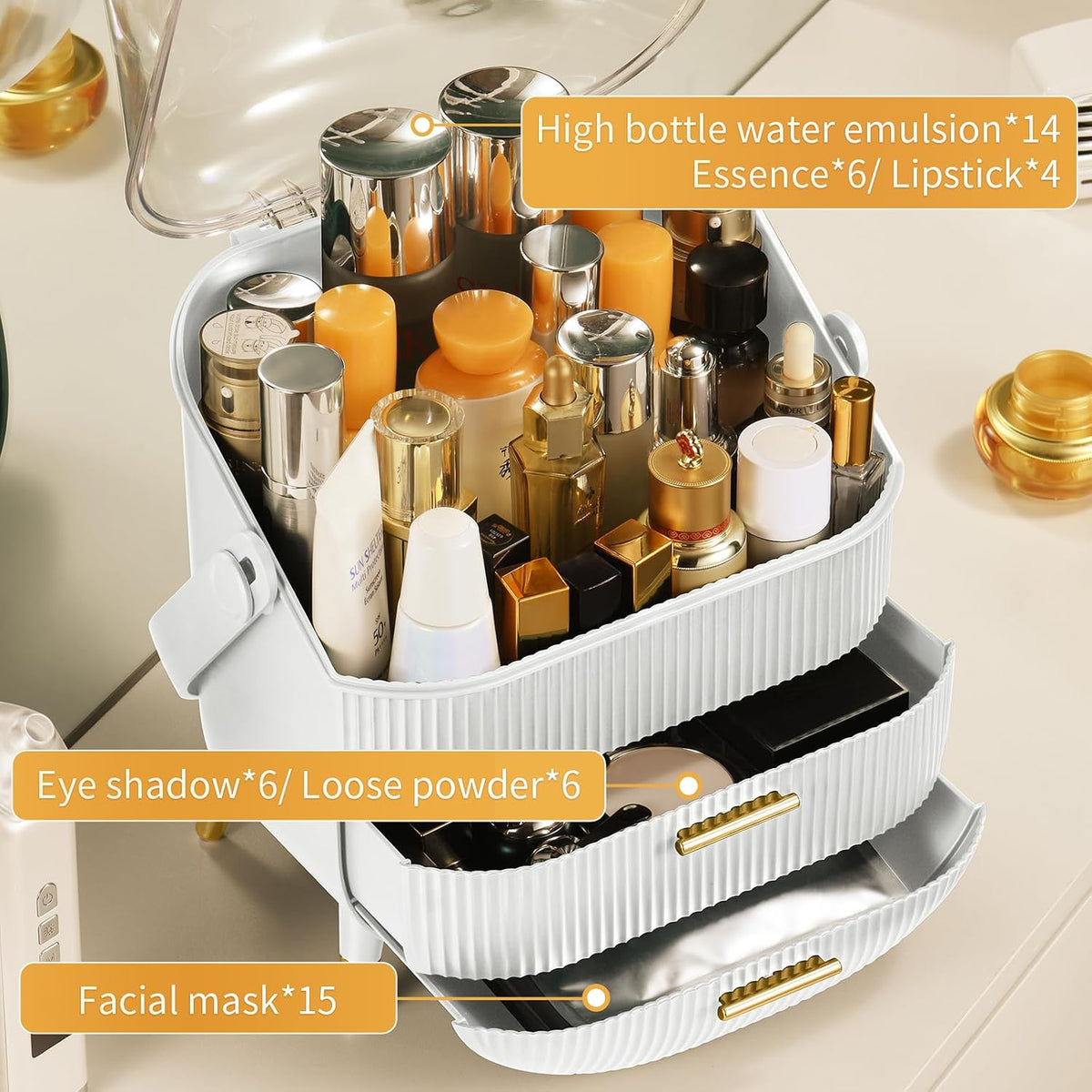 Makeup Organizer,Skincare Organizer with 2 Drawers and Brush Storage