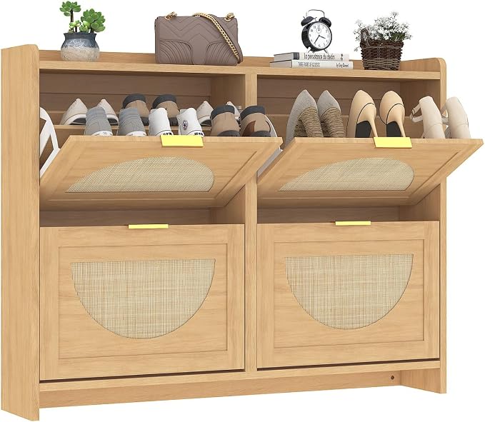 Rattan Shoe Cabinet with 4 Flip Drawers, Natural Wood Shoe Storage Cabinet - Image 8