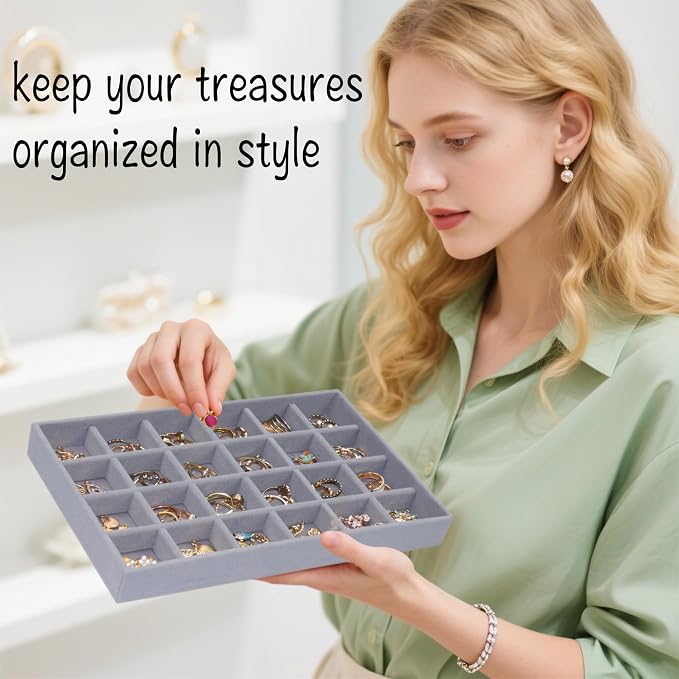 Stackable Jewelry Organizer Tray 24-Grid Velvet Jewelry Drawer Inserts Earring - Image 5