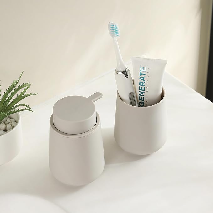 Matte Beige Bathroom Accessories 2 Piece Set Plastic Soap Dispenser and - Image 4