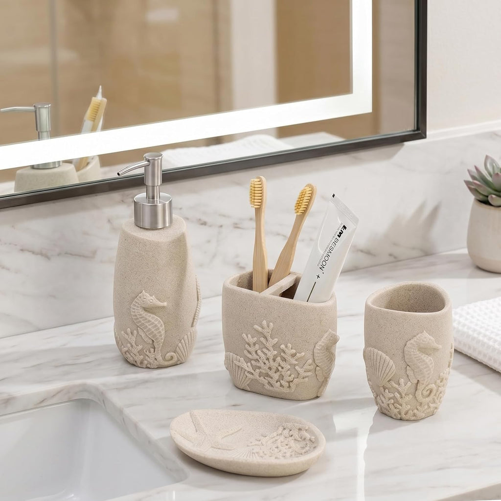 Bathroom Accessories Set, 4 PCS, Sea Bathroom Decor, Sandstone Look