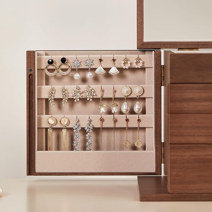 CHOSIN Black Walnut Wooden Jewelry Box, 4-Layer Lockable Wood Jewelry Organizer - Image 8