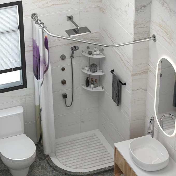Corner Shower Curtain Rod Adjustable Stainless Steel Diamond Shaped Rack Drill - Image 5