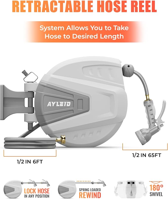 Ayleid Retractable Garden Hose Reel, 1/2 in x 65 ft Wall Mounted Hose Reel - Image 2