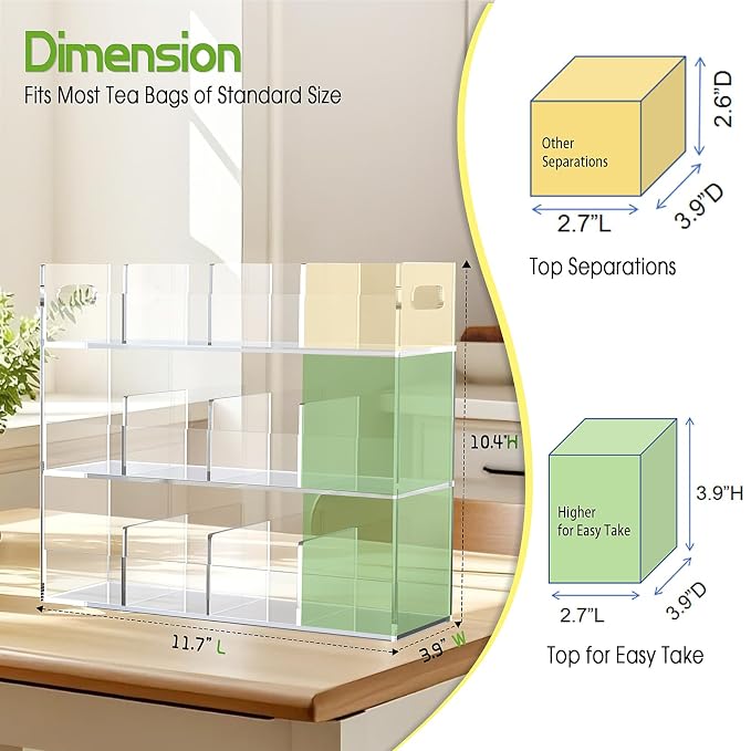 Jumyee 3-Tier Acrylic Tea Bag Organizer & Storage Box, 12 Compartment Portable - Image 3