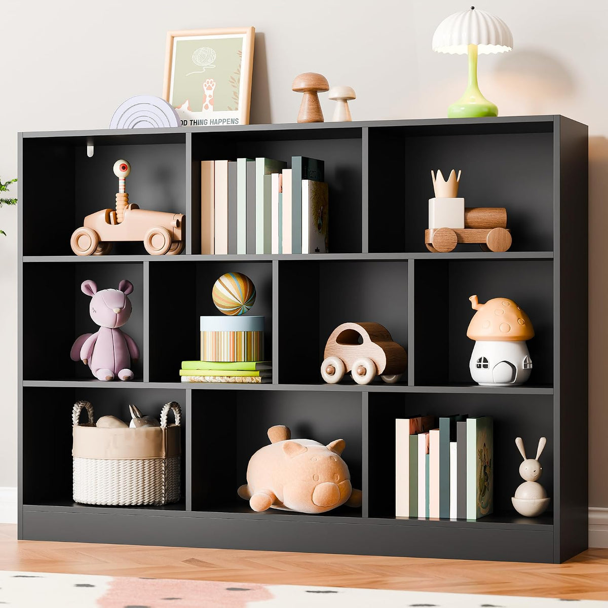 Black Bookshelf, 3-Tier Open Shelf Bookcase, 10 Cube Storage Organizer
