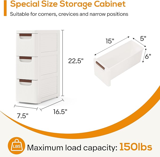 3 Drawers Slim Bathroom Storage Cabinet Dresser, Narrow Plastic Rolling Cart - Image 2
