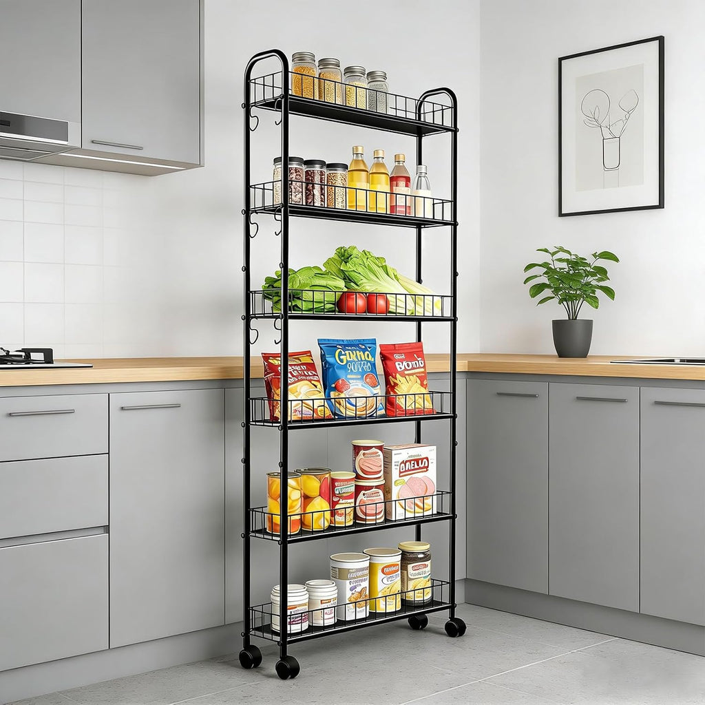 Slim Storage Cart with Wheels, Metal 6-Tier 6in Black Narrow Rolling