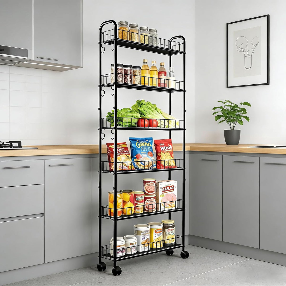 Slim Storage Cart with Wheels, Metal 6-Tier 6in Black Narrow Rolling