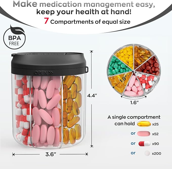 Pill Bottle Organizer with 7 Large Compartments, Pill Dispenser - Image 2