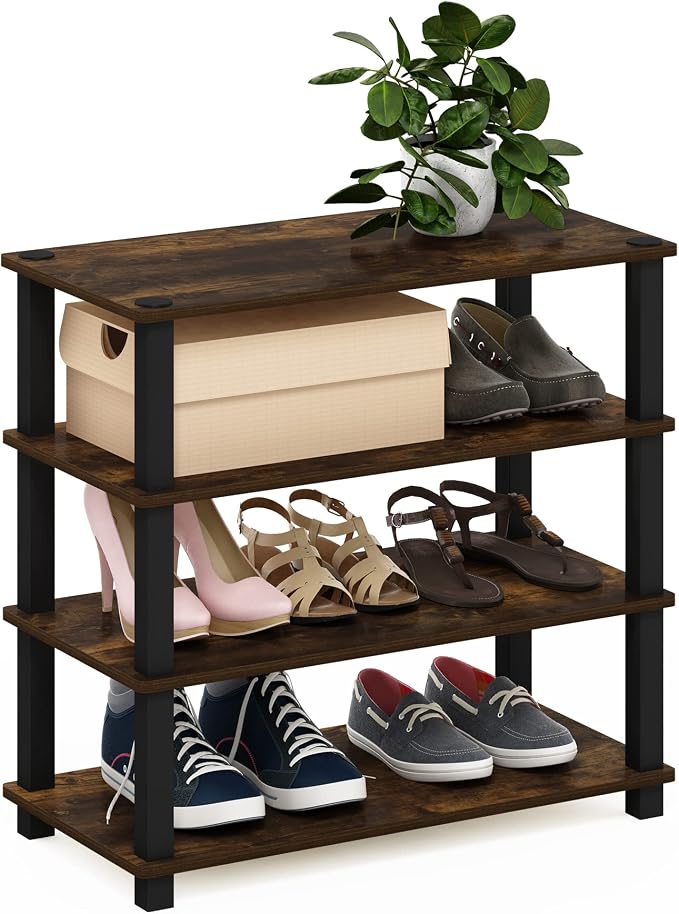 Furinno Turn-S-Tube 4-Tier Shoe Rack, Amber Pine/Black by Furinno-FitsYourSpaceFitsYourBudget