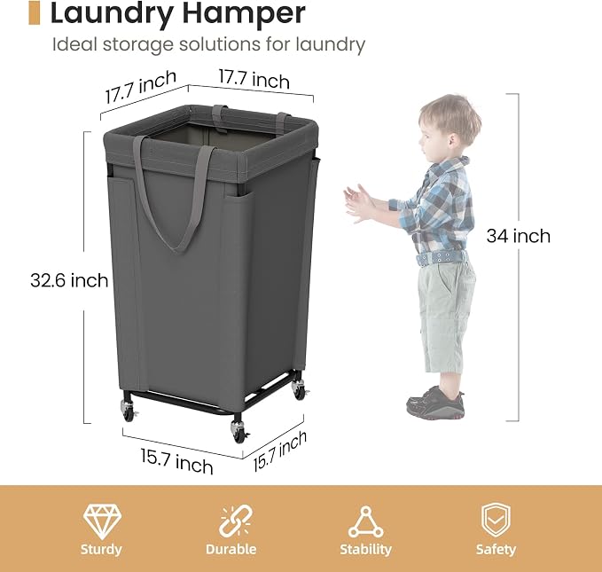 Laundry Basket with Wheels, Large Laundry Hamper with Removable Bag and Steel - Image 2