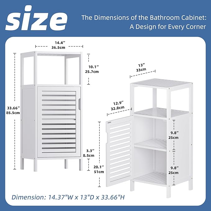 HITNET Bamboo Bathroom Storage Cabinet, 4 Tier Small White Floor Cabinet - Image 3